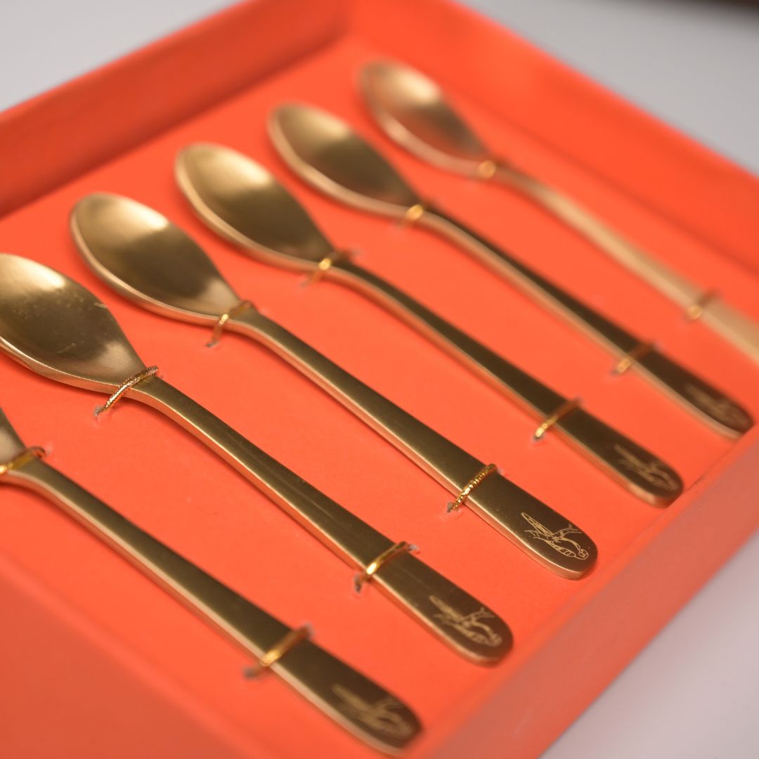 Pure Brass Dessert Spoons – Handcrafted Set of 6 with Engraved Bird Motif | Luxury Cutlery for Desserts, Tea & Gifting