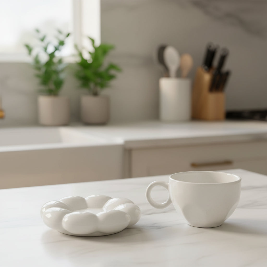 Ceramic Cup & Saucer Set | White Tea Coffee Cup Set for Home & Café