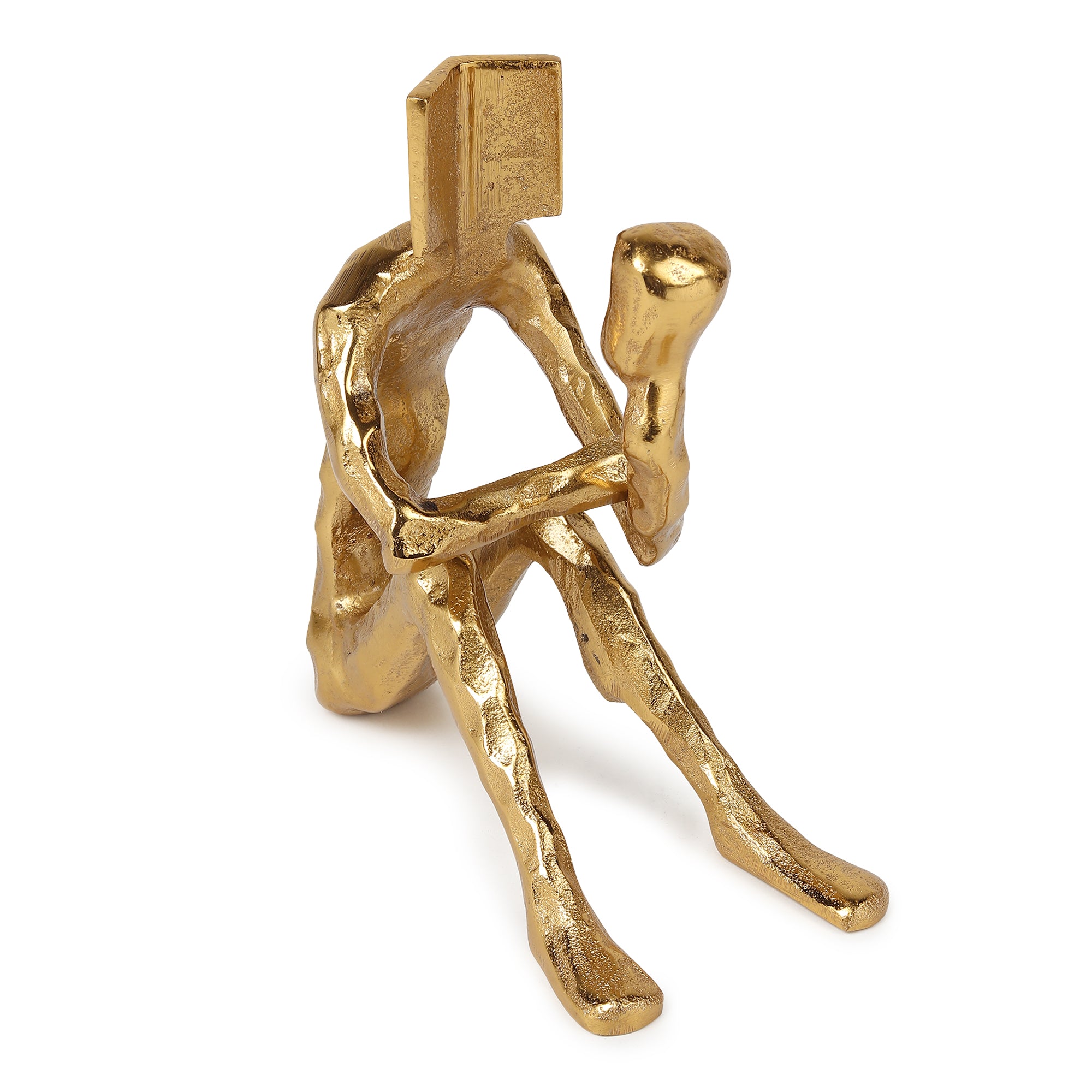 Pensive Reader Decorative Sculpture | Gold Aluminium Reading Figurine for Bookshelf & Home Décor