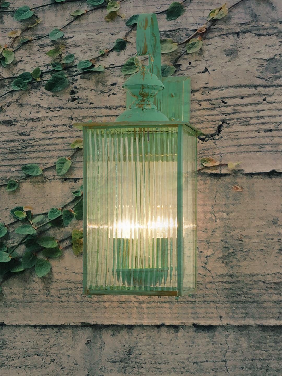 Coastal Green 22 Inch Dual-Light Steel Exterior Hanging Wall Lamp With Fluted Glass Panels