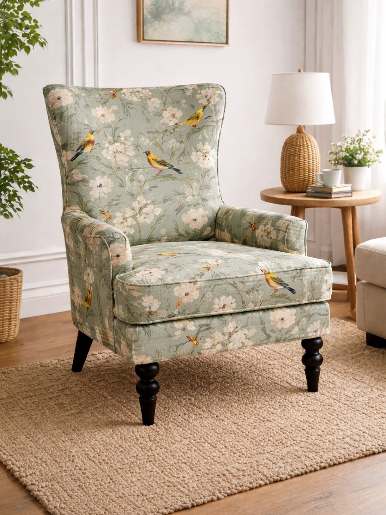 Elegant Sage Aviary Print Wingback Chair