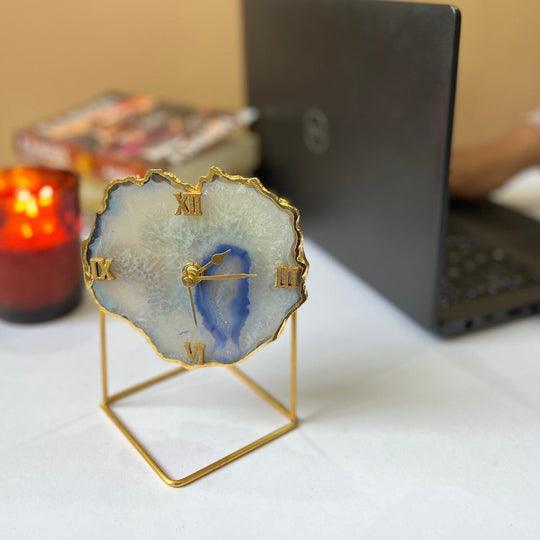 Brazilian Agate Desktop Clock with Metal Stand | Antique Timepiece