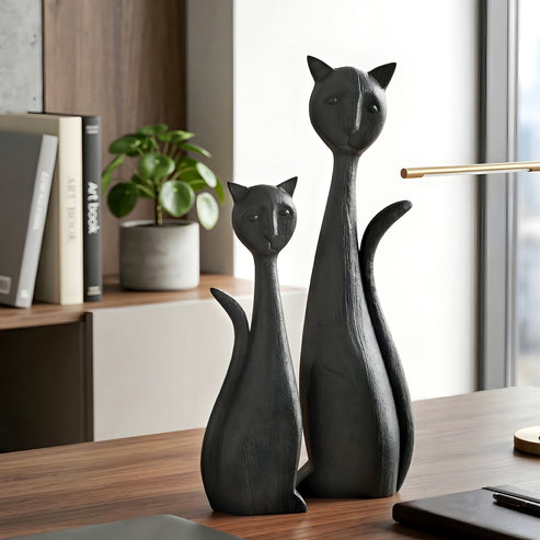 Niro Wooden Cat Sculpture | Modern Black Decorative Art for Modern Interiors | Premium Showpiece
