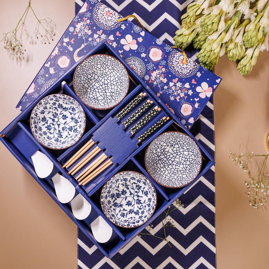 Japanese style Ceramic Rice Bowl Set | Serving Bowl | Ramen Bowl with Chopsticks (Set of 12)