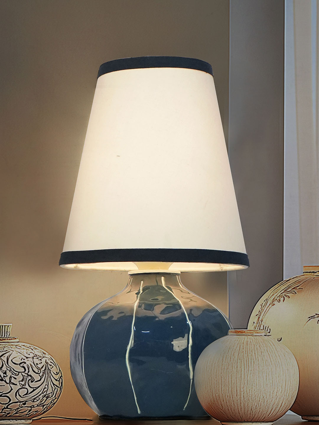 Contemporary Enamel Blue Melon-Shaped Table Lamp with Hand-Painted Lines