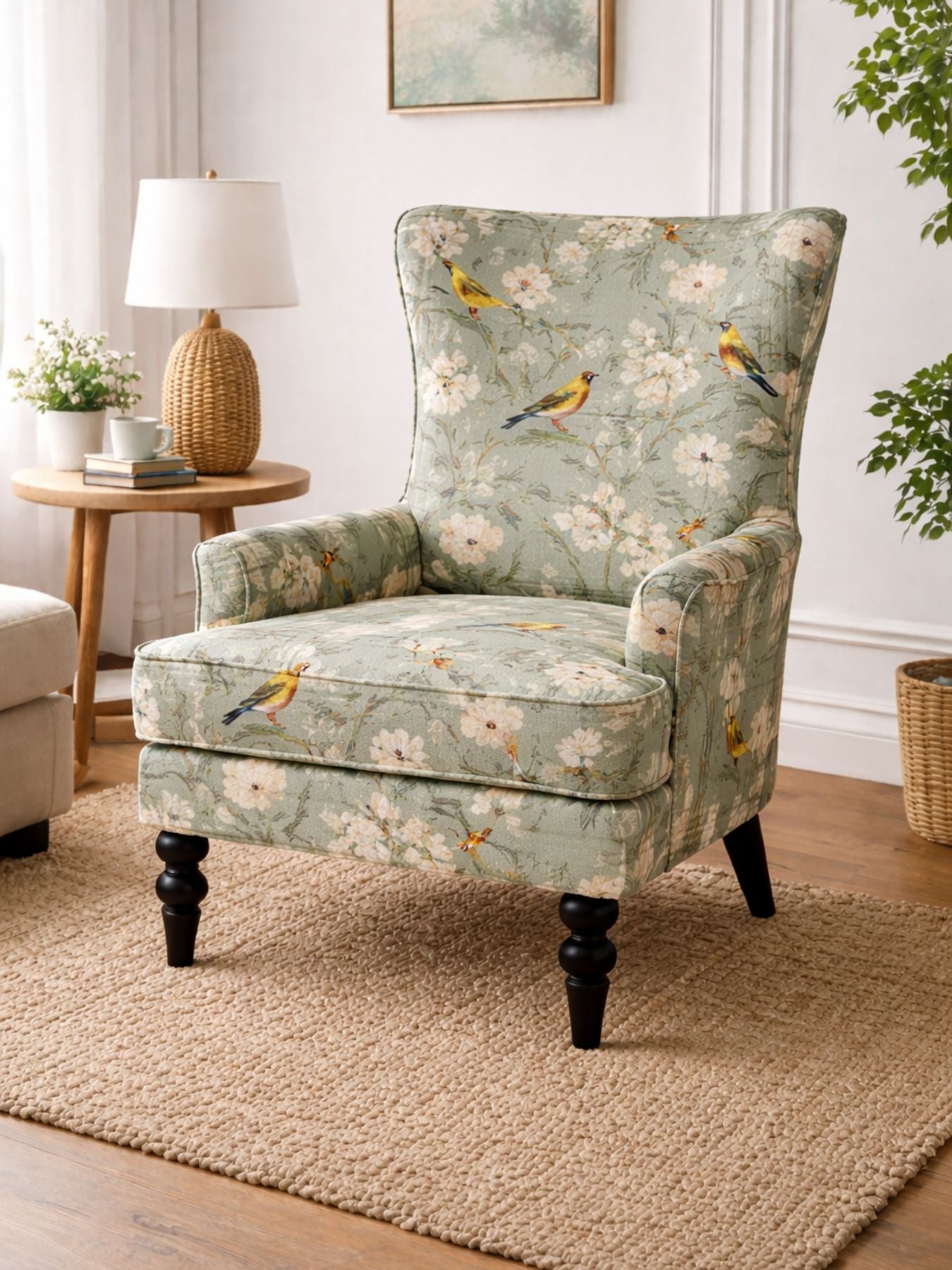 Elegant Sage Aviary Print Wingback Chair