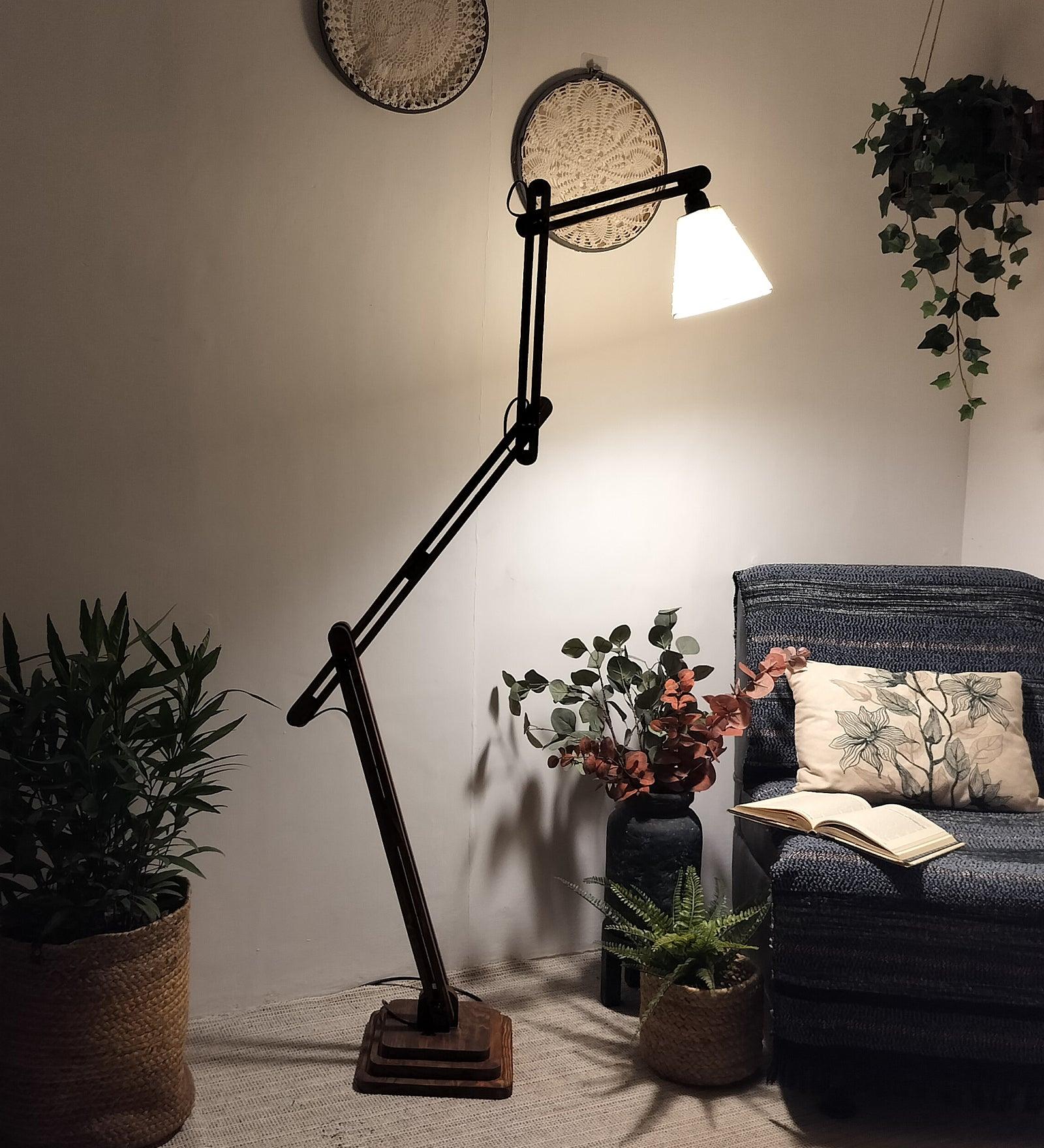 Hydra Wooden Floor Lamp with Brown Base and Jute Fabric Lampshade