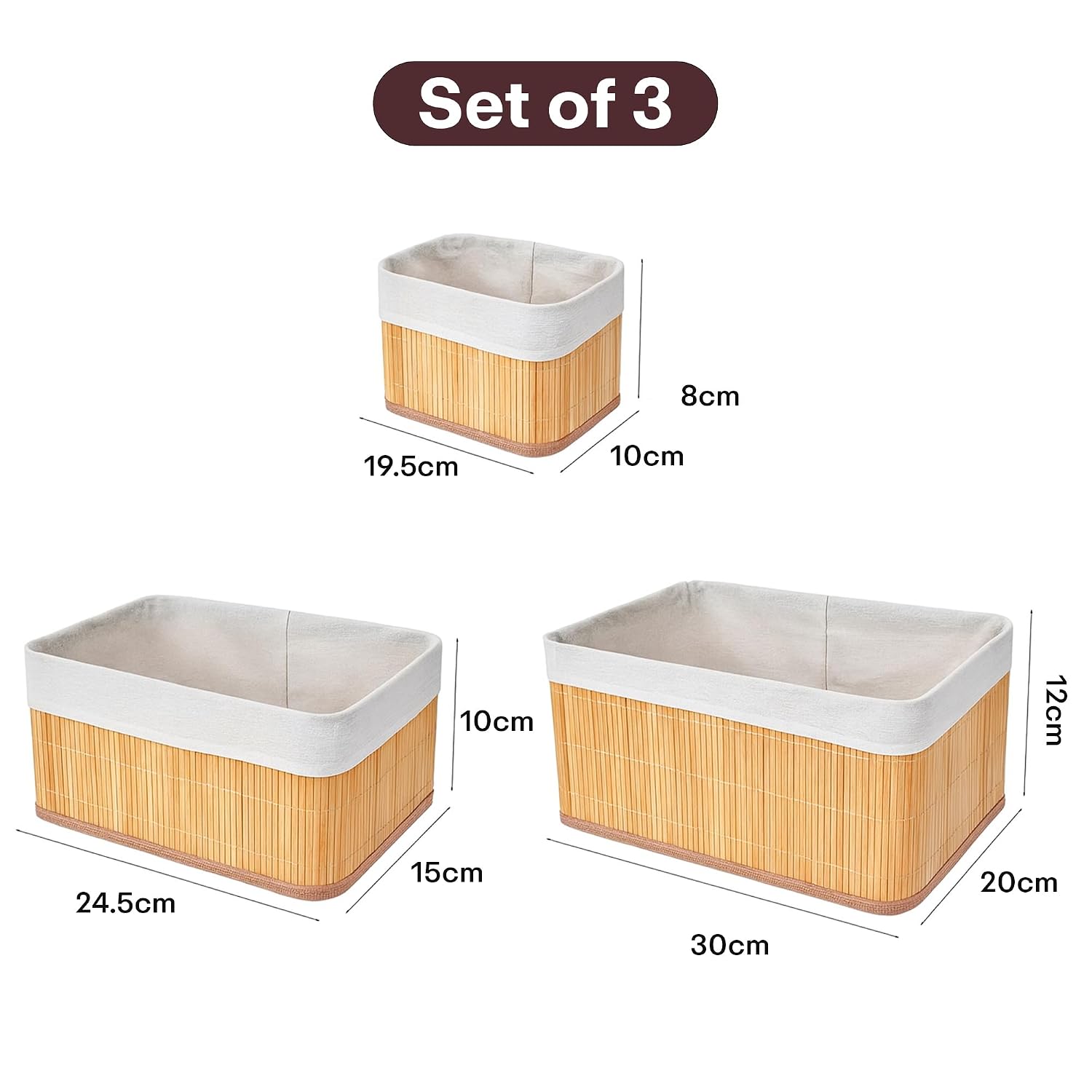 Eco-Friendly Natural Bamboo Storage Rectangular Basket Bins Organizer, Pack of 3 - Brown