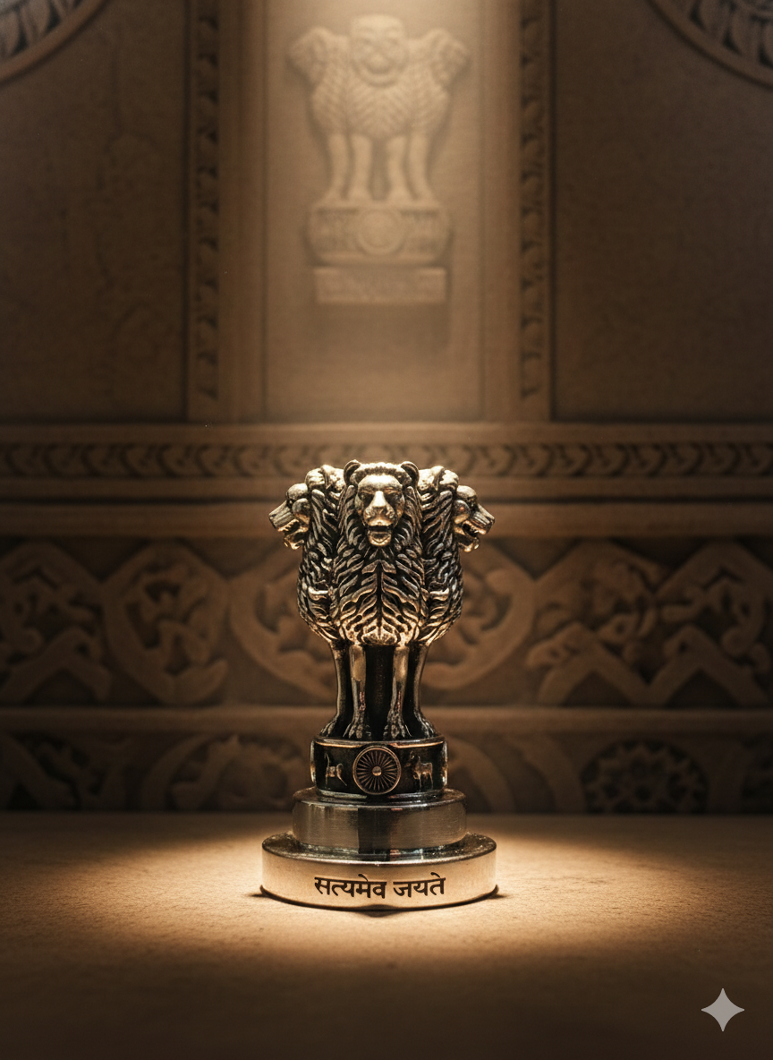 National Emblem Ashoka Lion Paperweight In Brass With Pure Silver Polish