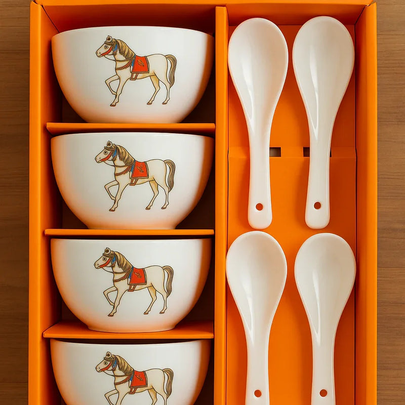 Ceramic Soup Bowl Set with Spoons | 4 Bowls & 4 Soup Spoons | Horse Print Design | Elegant Gift Box for Dining & Gifting