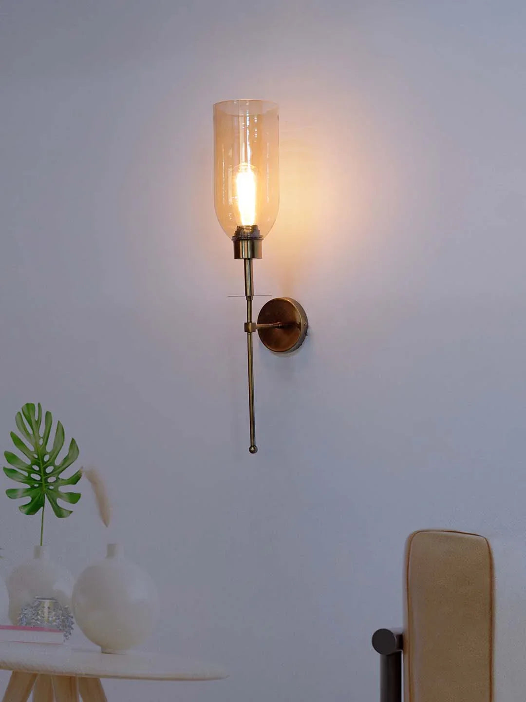 Modern Long Arm Antique Gold Wall Light with Translucent Glass Shade