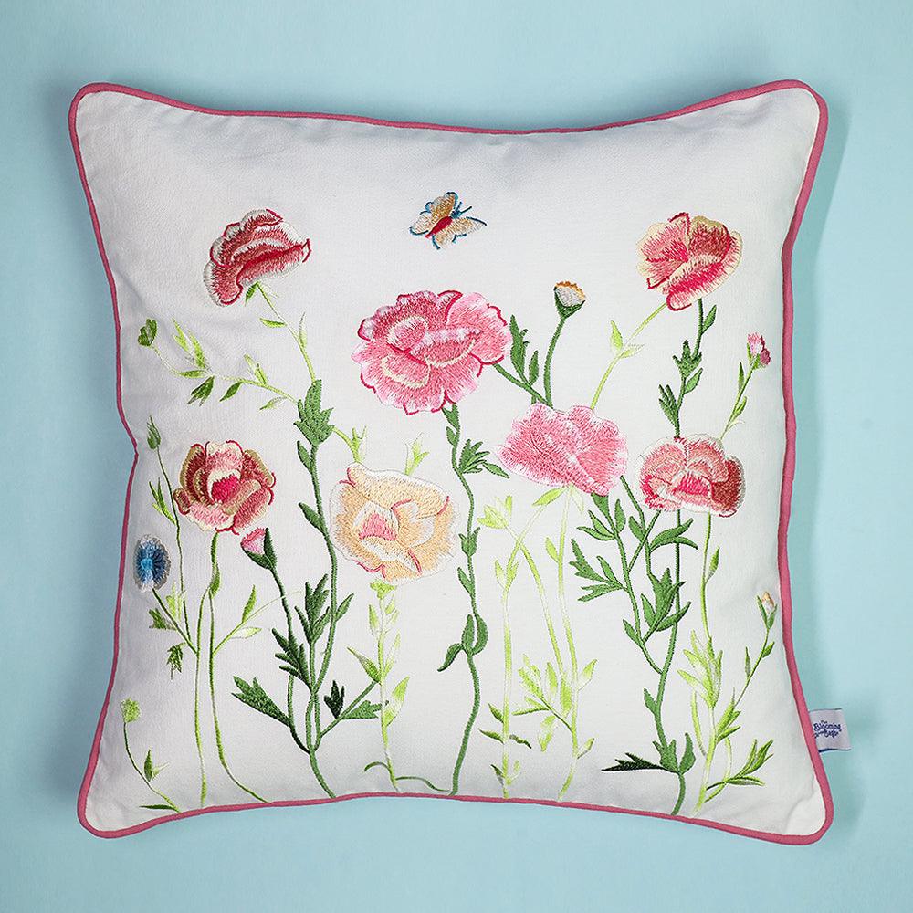 Enchanted Garden Cushion Cover | Hand Embroidered Cotton Cushion Cover | Multicolour Decorative Sofa Pillow Cover