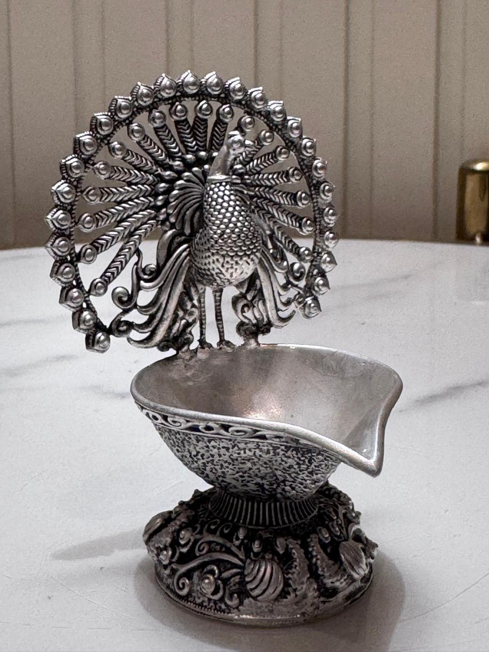 Pure Silver Plated Brass Peacock Diya