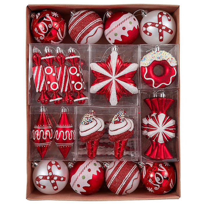 60 Pcs Red & White Candy Donuts Theme, Christmas Ball Tree Ornaments XMAS Decoration Set