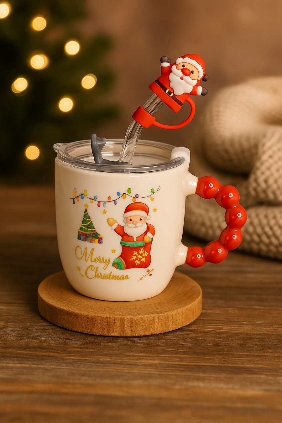 Festive “Merry Christmas” Santa Mug with Straw & Lid Set