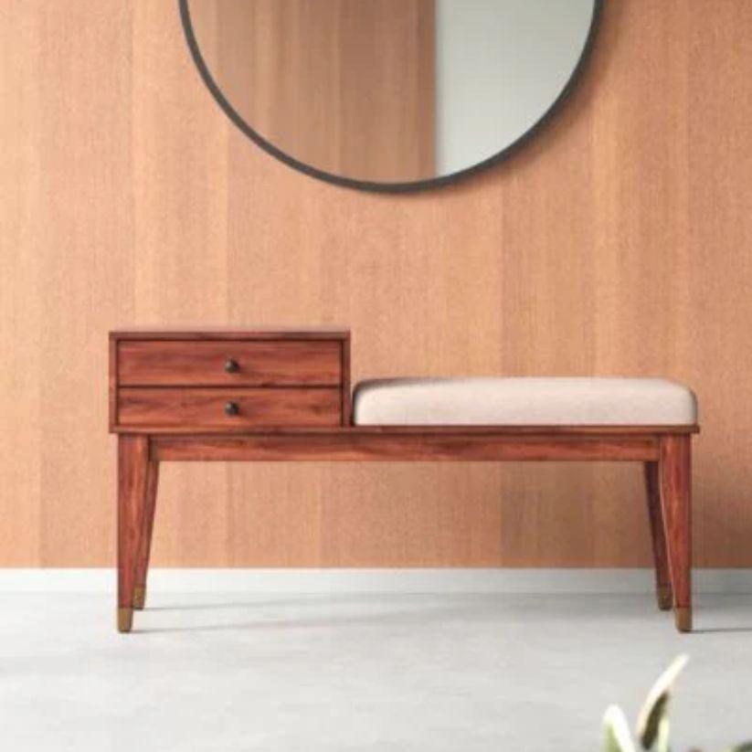 Neuf Sheesham Wood Fabric Bench with Storage Drawers | Entryway Seating for Living Room & Bedroom