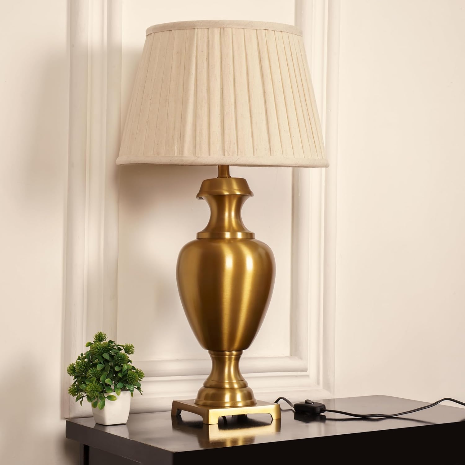 Royal Brass Antique Gold Finish Trophy Table Lamp 27 Inches Height With Off White Pleated 14 Inches Diameter Lampshade