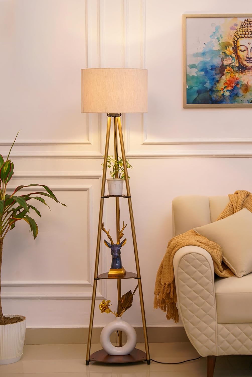 3 Shelves Floor Lamp Brass Antique Finish 5 Feet Height with 14” Diameter Off White Drum Shade for Living Room, Bedroom and Home Decoration