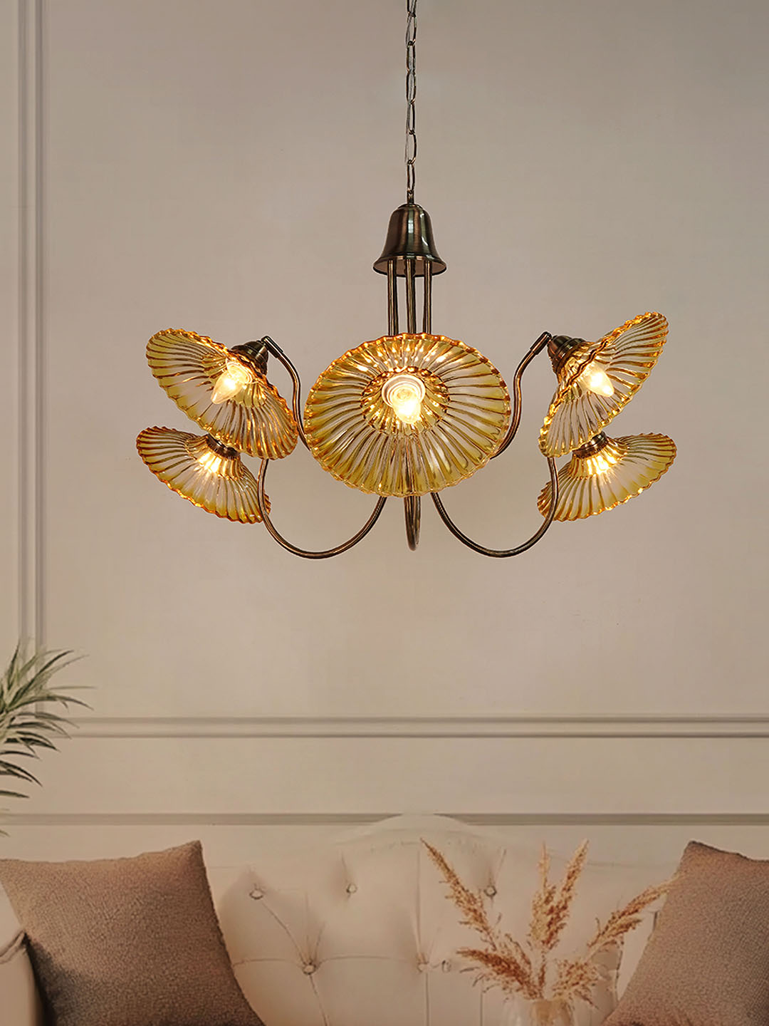Adjustable Amber Glass Chandelier with U-Shaped Arms | Modern Industrial Style