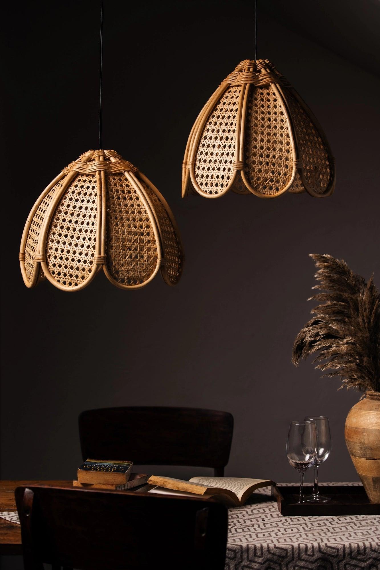 Handcrafted Rattan Flower-Shaped Ceiling Lampshade | Bohemian Style Pendant Light for Bedroom, Dining & Entryway