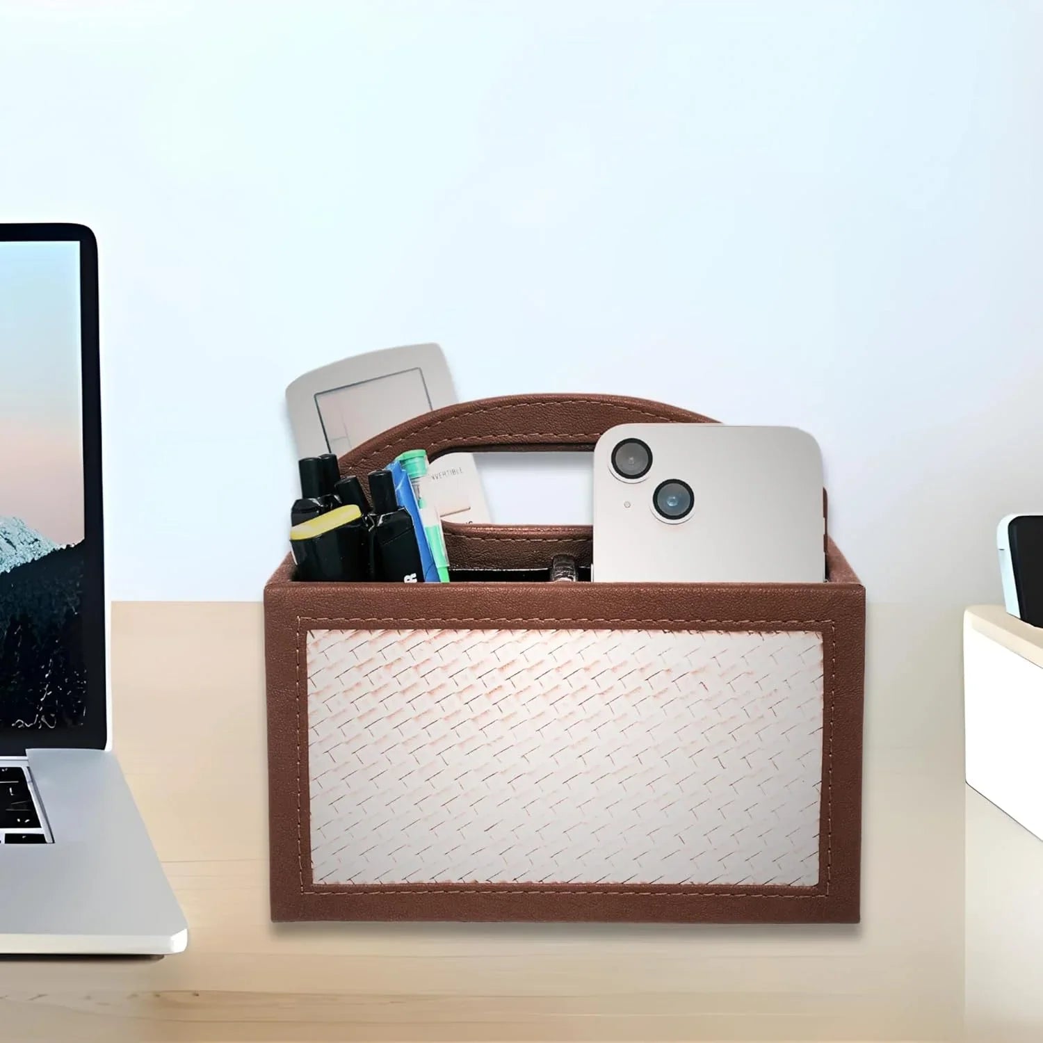 Square Vegan Leather Desk Organizer – 3-Compartment