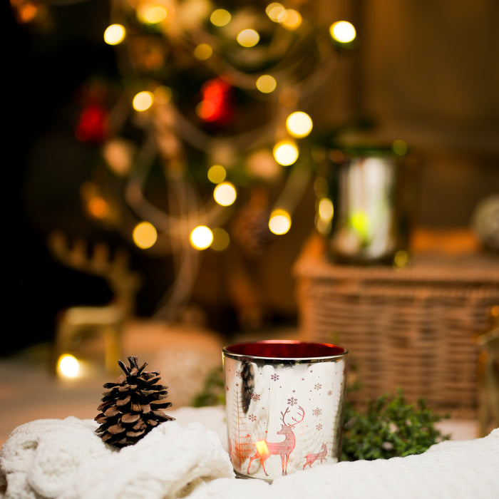 Embroidered Deer Red Glass Votive | Festive Candle Holder