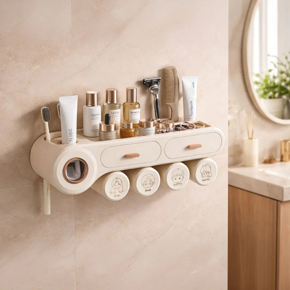 Wall Mounted Toothbrush Storage Holder | Mounted Organizer Plastic Brush Stand | Bathroom Accessories Set Toothpaste Dispenser | Built-in Drawer- Cream