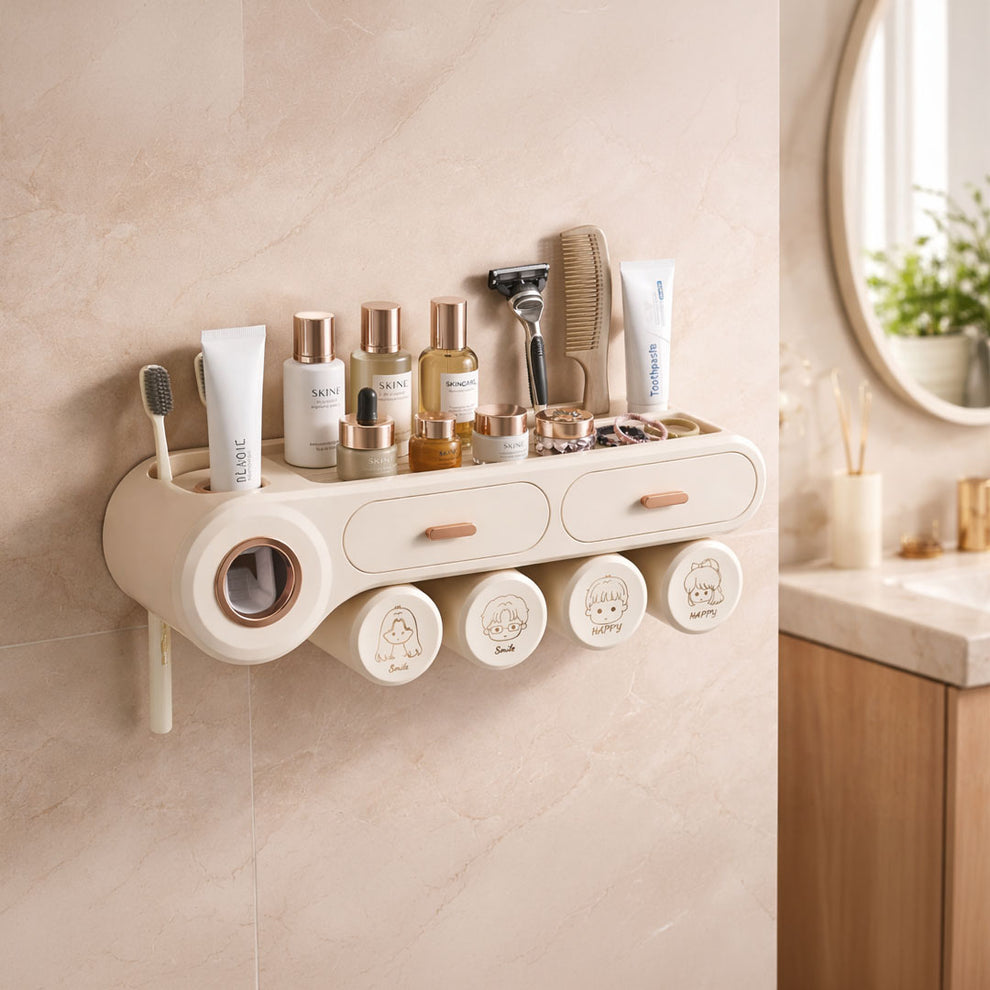 Wall Mounted Toothbrush Storage Holder | Mounted Organizer Plastic Brush Stand | Bathroom Accessories Set Toothpaste Dispenser | Built-in Drawer- Cream