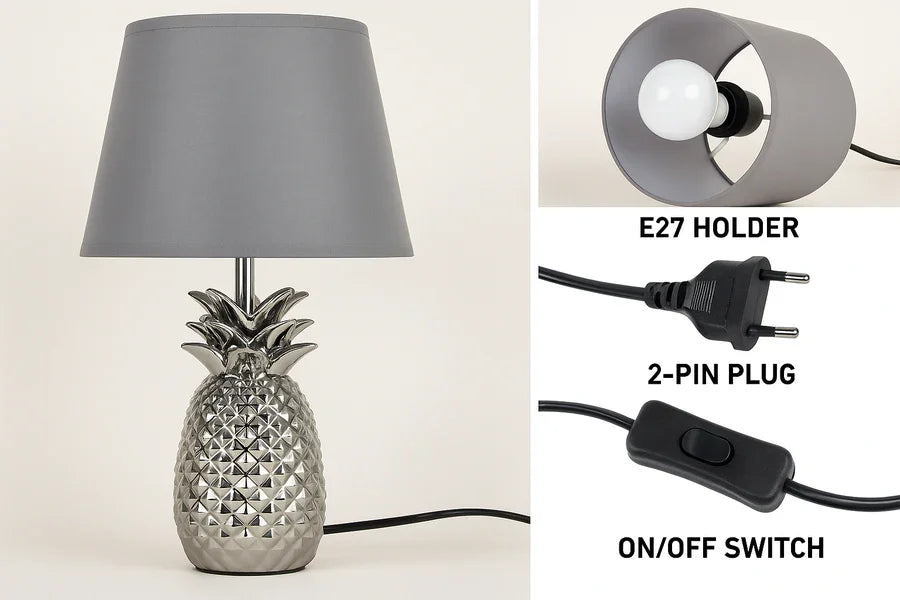 Silver Pineapple Table Lamp with Fabric Shade | Decorative Bedside Lamp