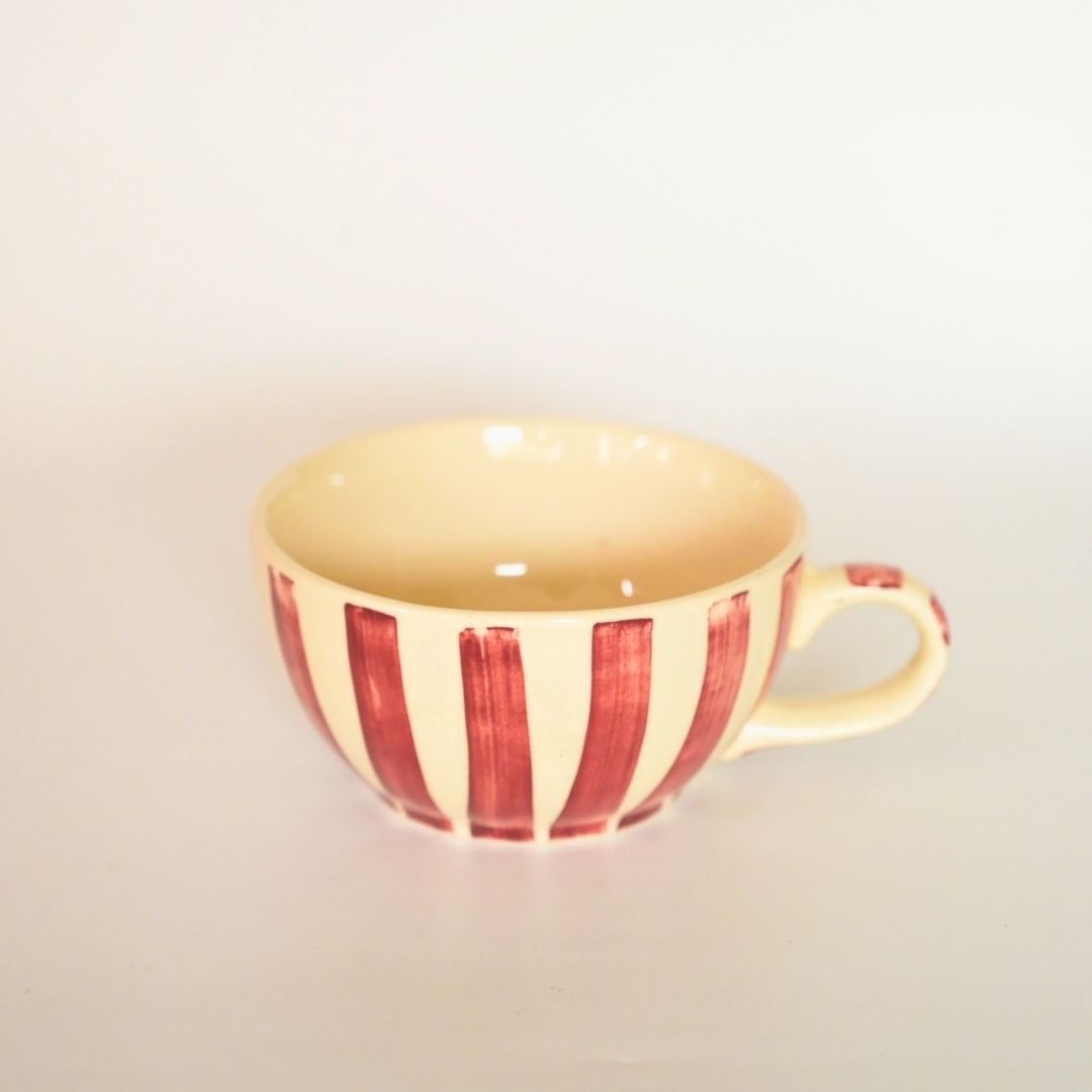 Handmade Ceramic Striped Tea Pot and Cup Set – Coral Pink & White Stoneware for Tea Lovers