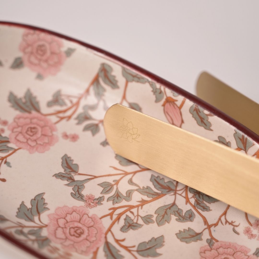 Stoneware Oval Tray with Peony Print & Brass Tong Set – Handcrafted Serveware for Snacks, Cookies & Festive Gifting