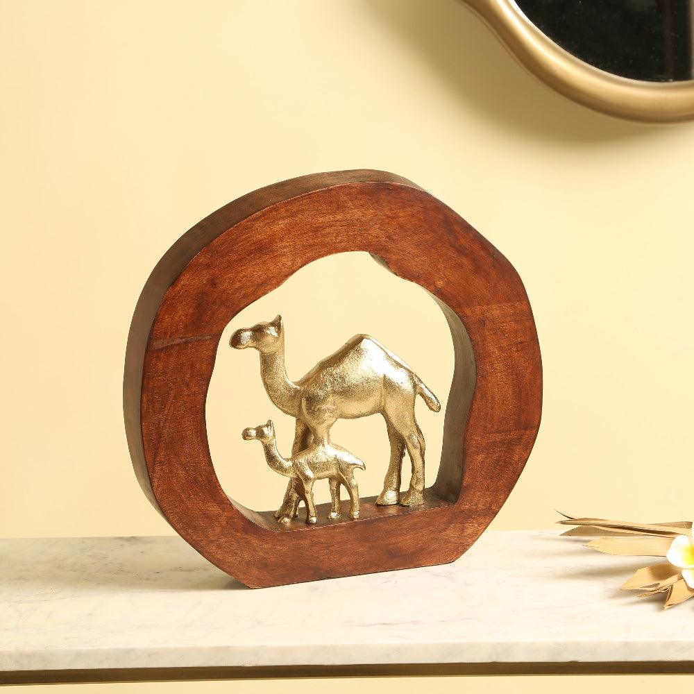 Camels Metal Sculpture On Wooden Stand | Showpiece for Living Room | Home Decor Item