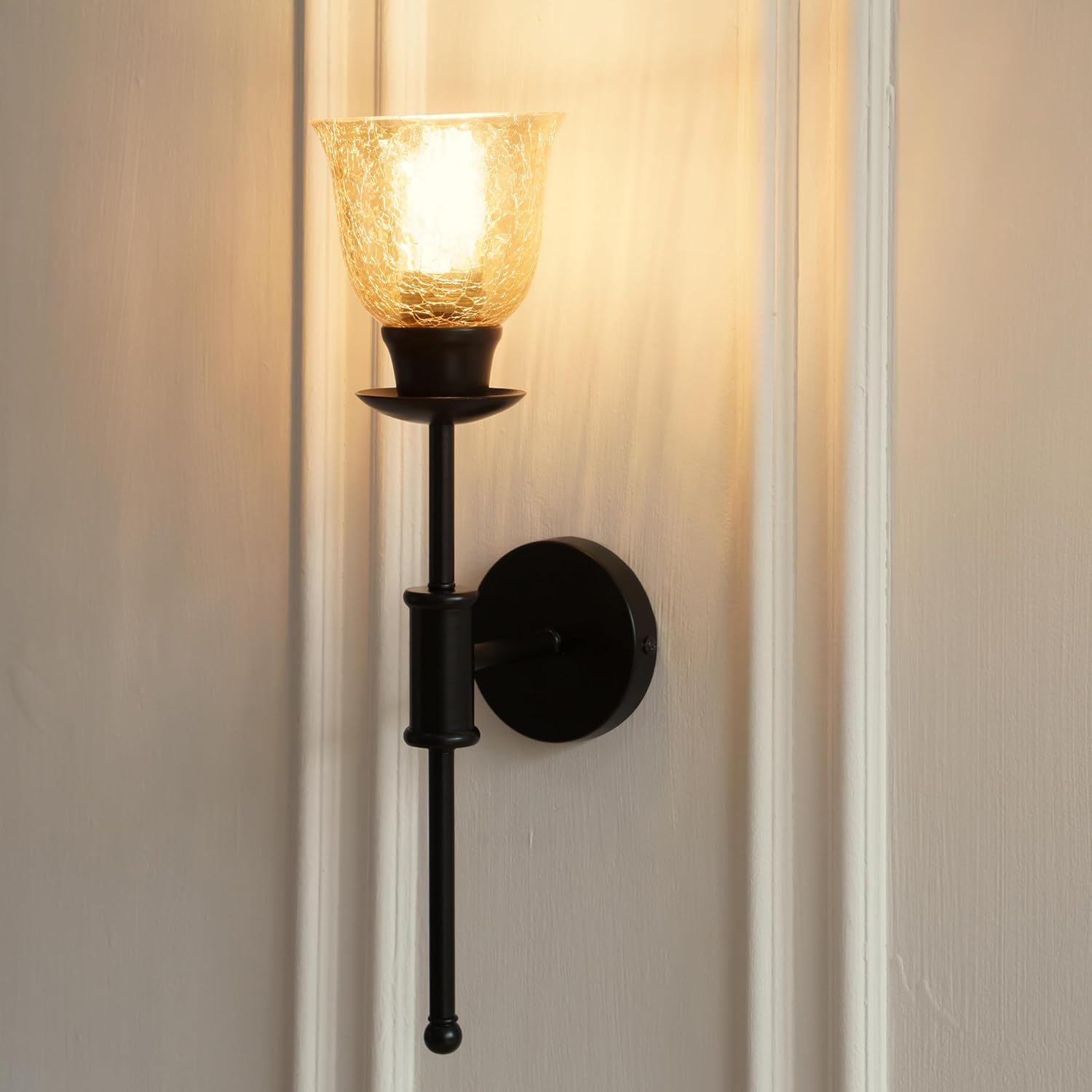 Black Polished Finish Spacer Wall Lamp with Cup Crackled Glass Golden Luster Shade