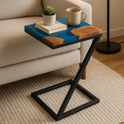 Teak Wood End Table with Aqua Blue Resin | Side Table for Living Room