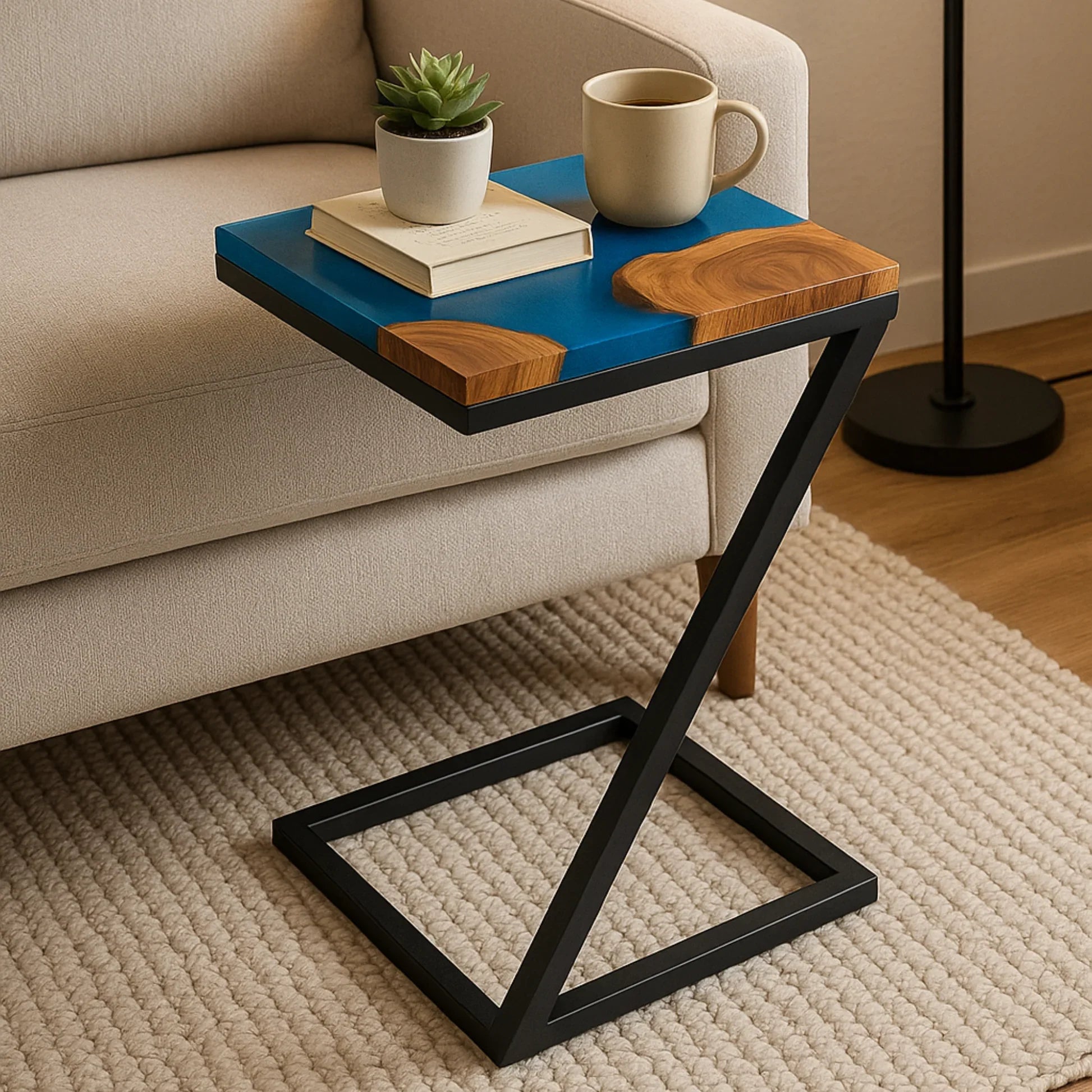 Teak Wood End Table with Aqua Blue Resin | Side Table for Living Room