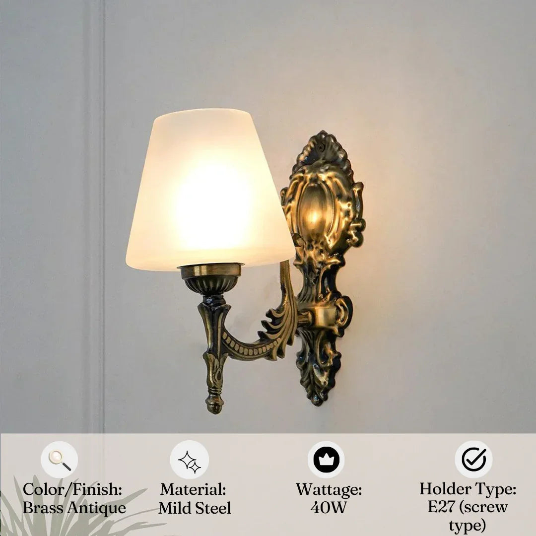 Antique Brass Finish 11 Inch Single Light Steel Wall Lamp With Tapered Frosted Glass Shade