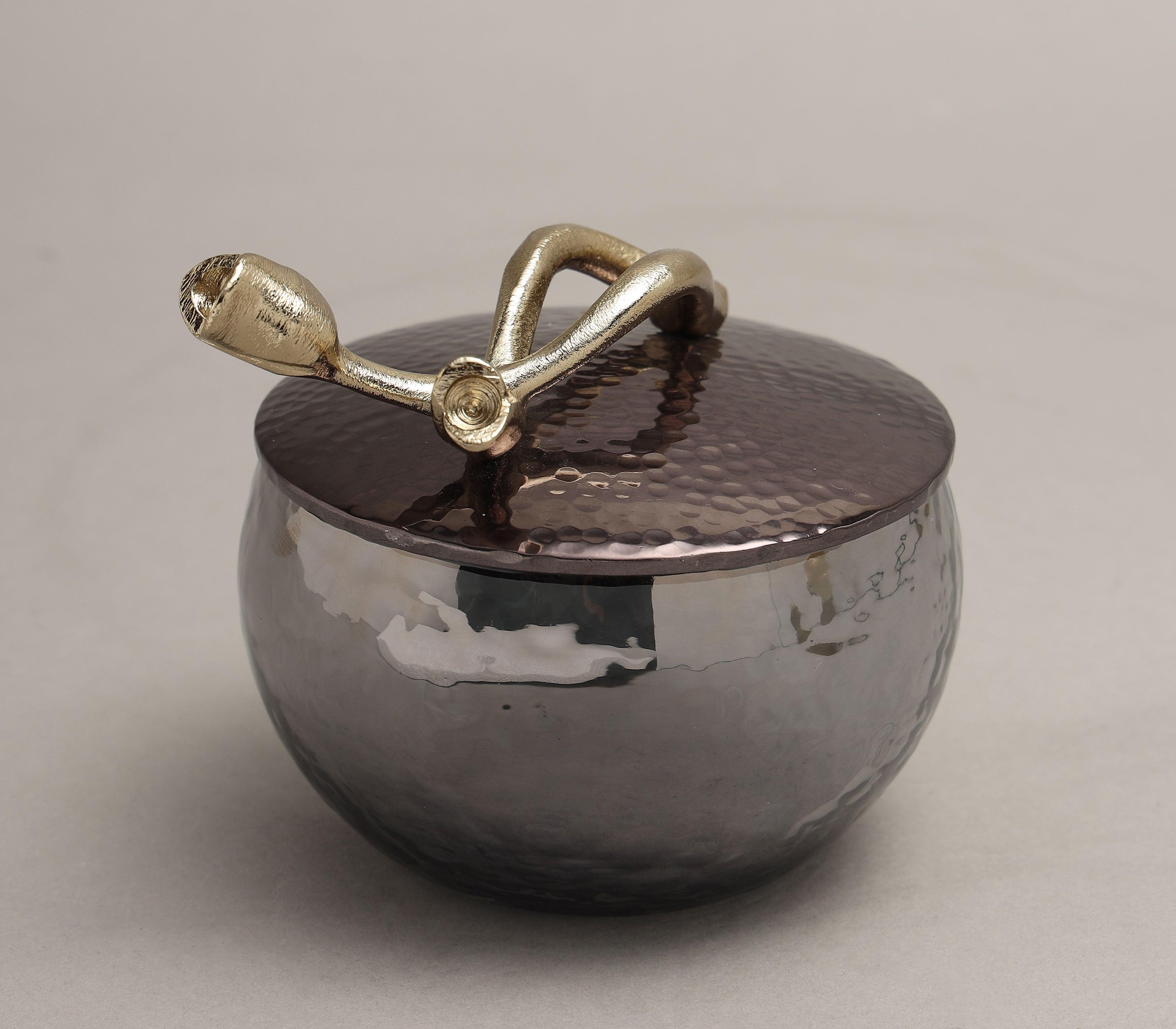 Tulip Jar | Gold Finished, Black Nickel Plated and Hammered  with Textured Black Luster Glass