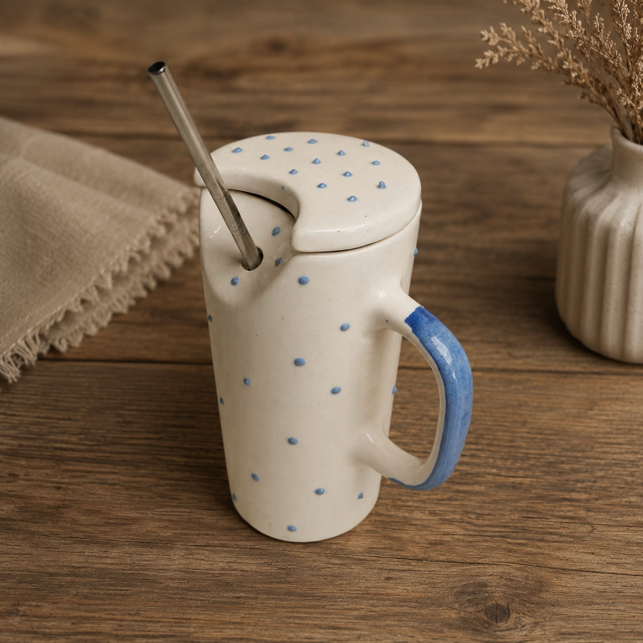 Azure Ceramic Sipper with Steel Straw