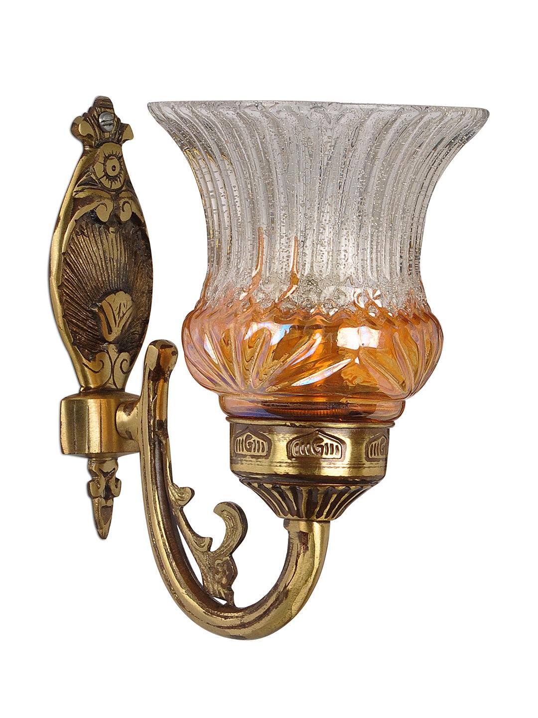 Antique Brass Wall Light with Amber Glass