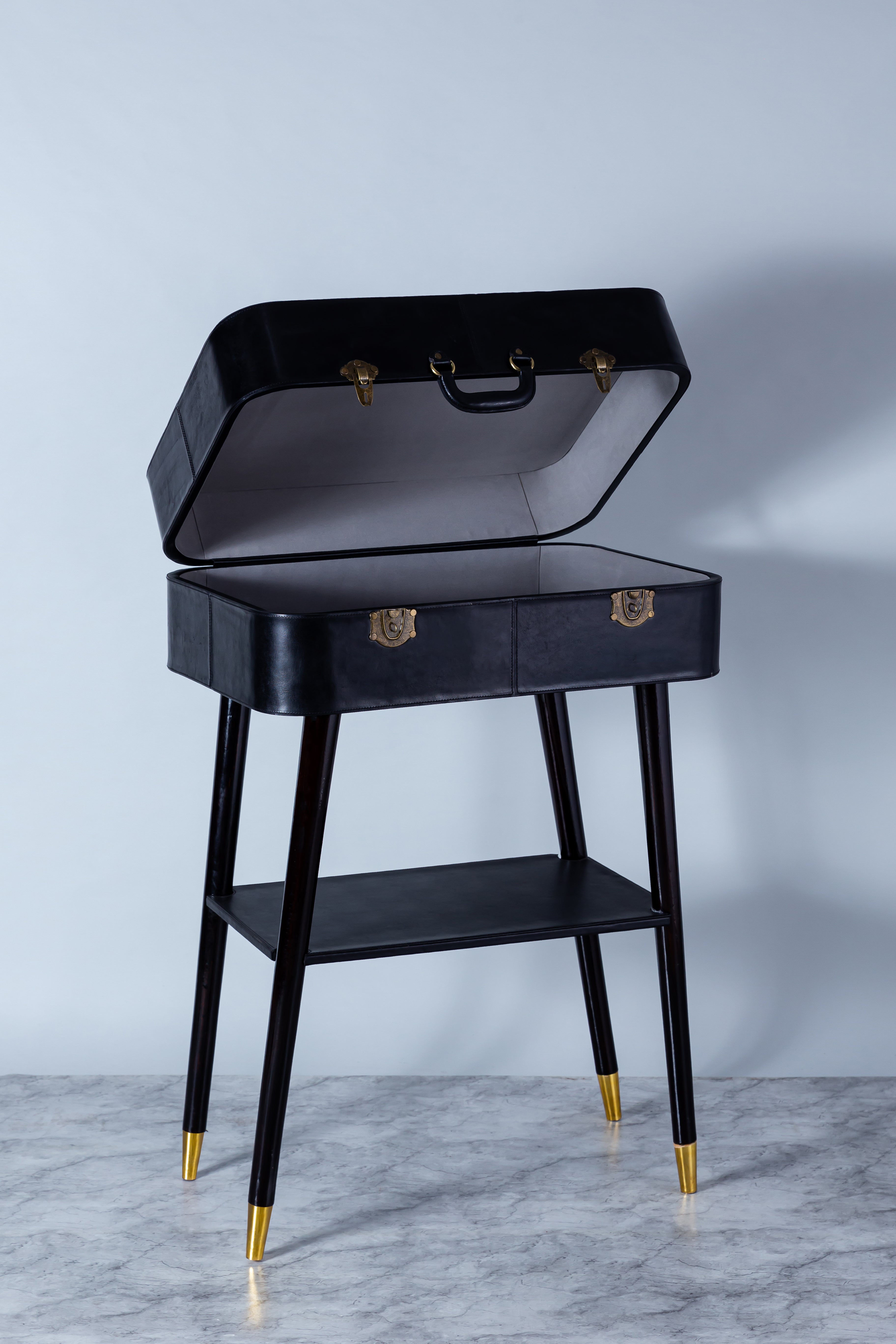 Ambry Console Table | Natural Black Leather With Brass Antq Feet | Wood & Leather