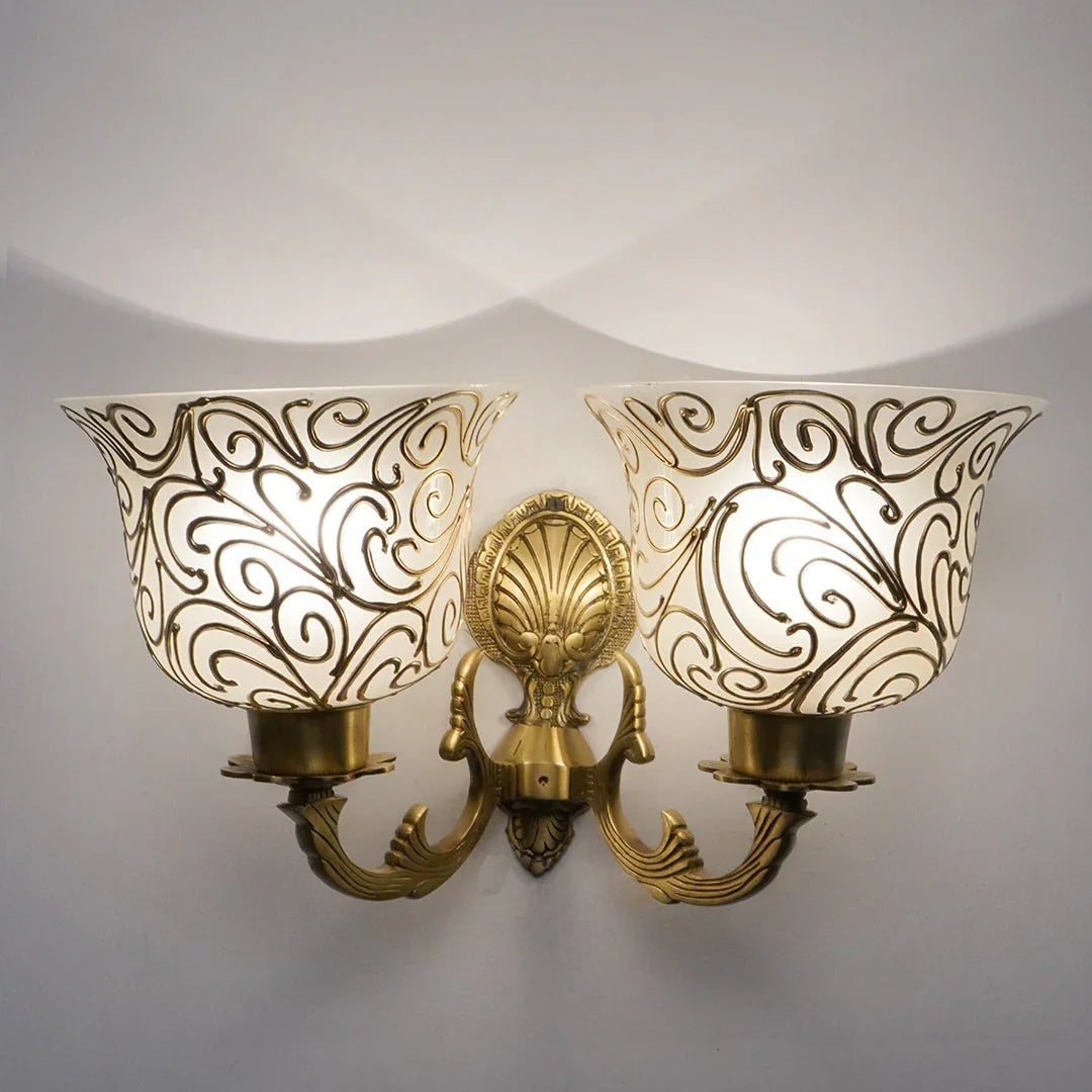 Traditional Twin Arm Antique Brass Wall Light with Frosted Glass Shades with Jaipuri designing on glass