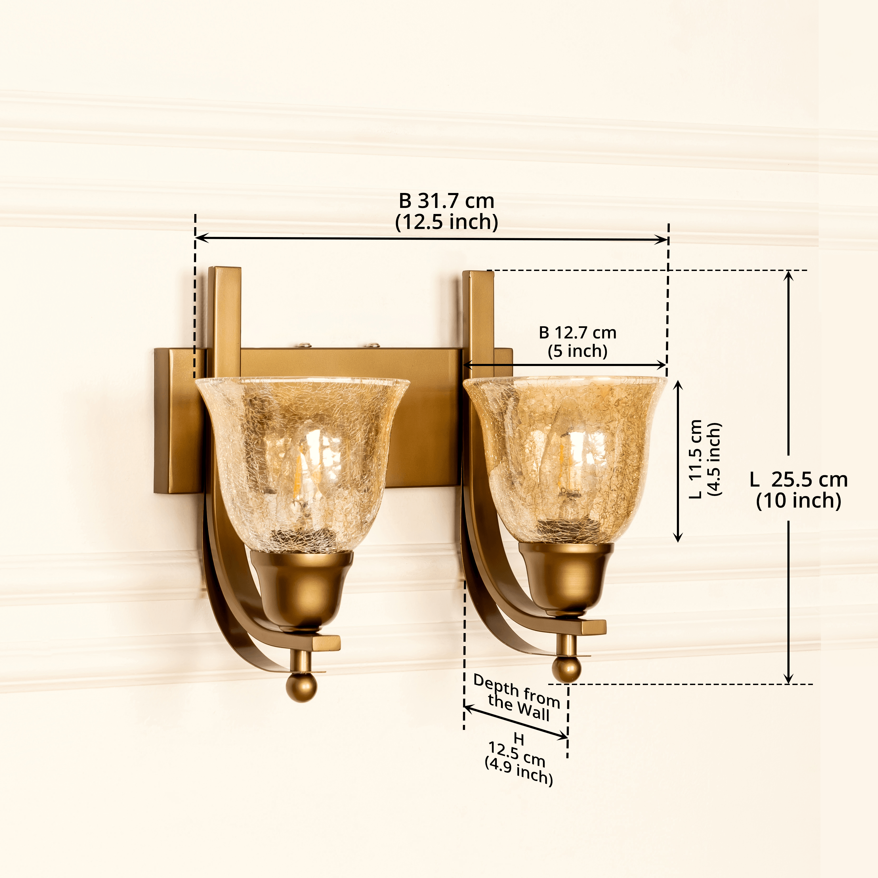 Brass Antique Finish Double J Wall Lamp with Glass Golden Luster Shade | Wall Light for Living Room