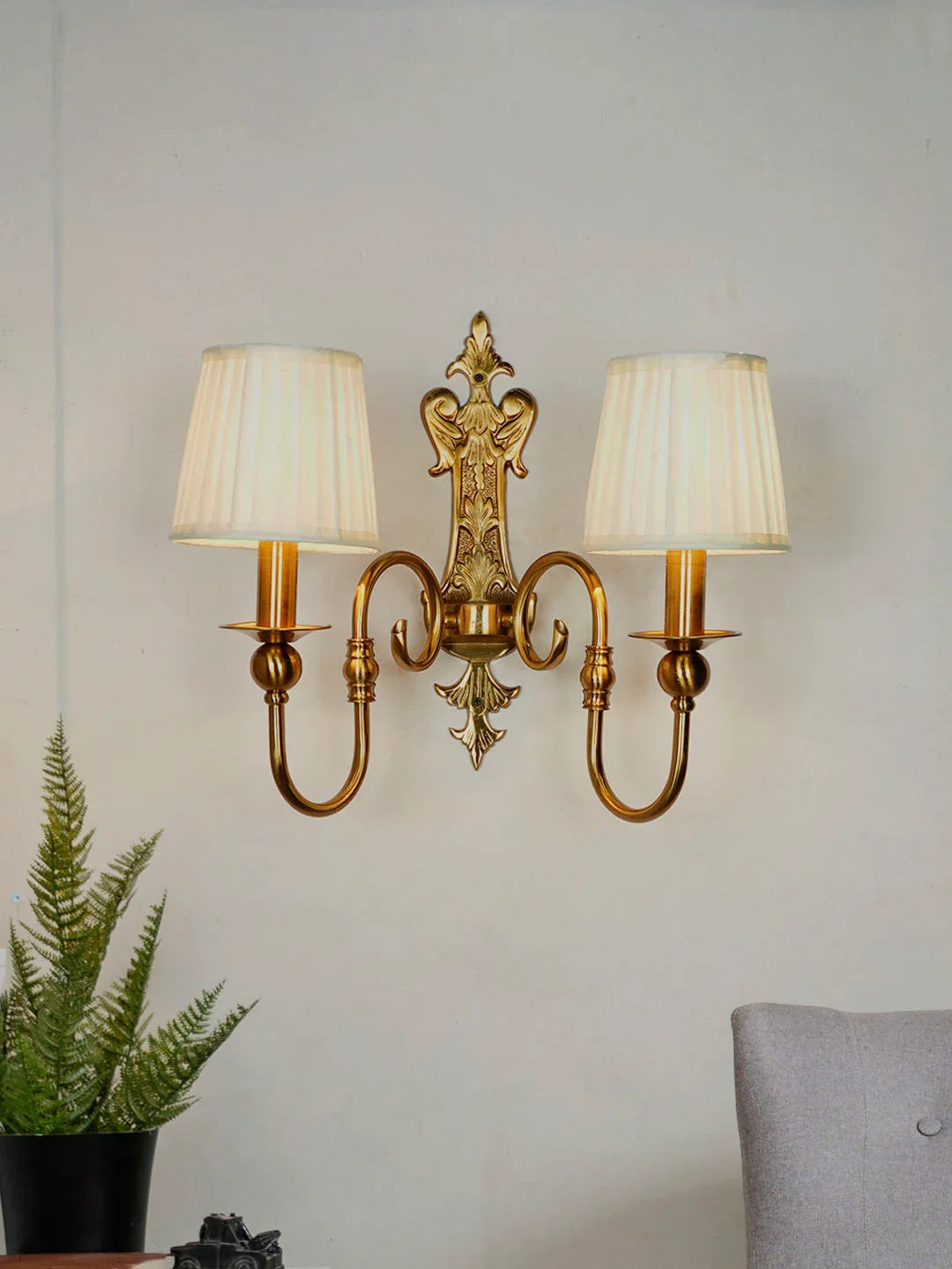 Gold European-style Double Light Steel Wall Sconce With 6 Inch Pleated Fabric Shades