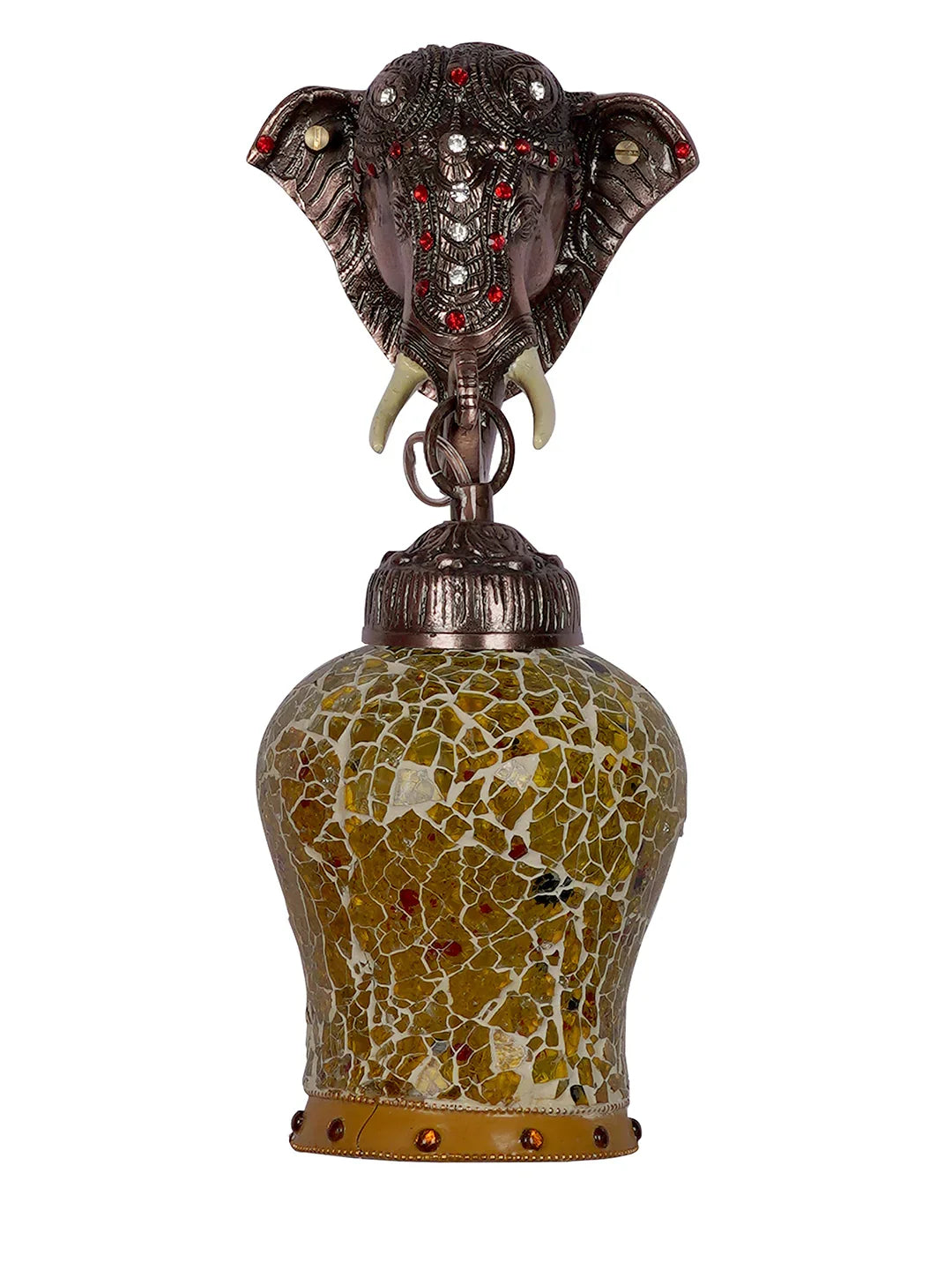 Rustic Cast Aluminium Bronze Elephant Wall Sconce with Amber Yellow Crackle Glass shade