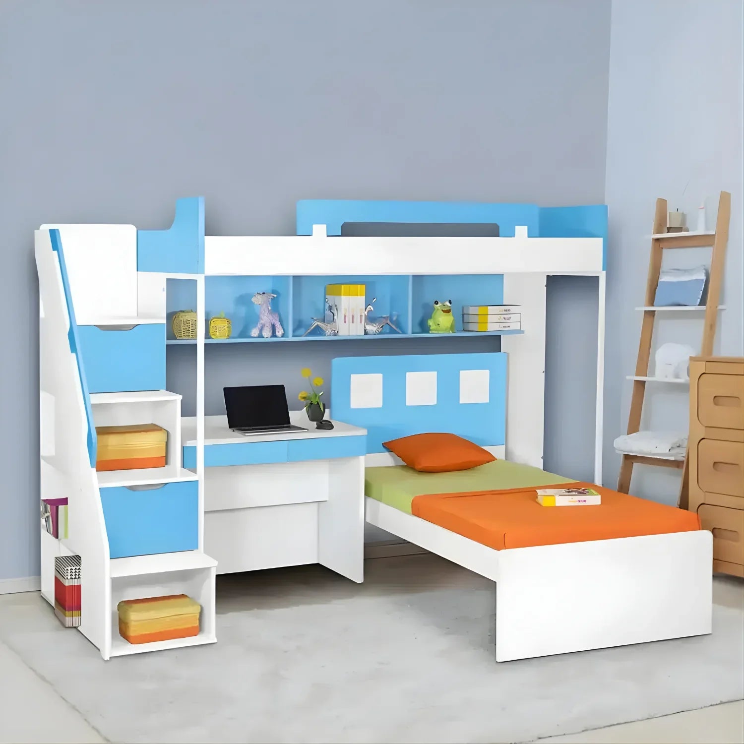 Secure Ladder Access Bunk Bed with Study Table in (Blue & White)