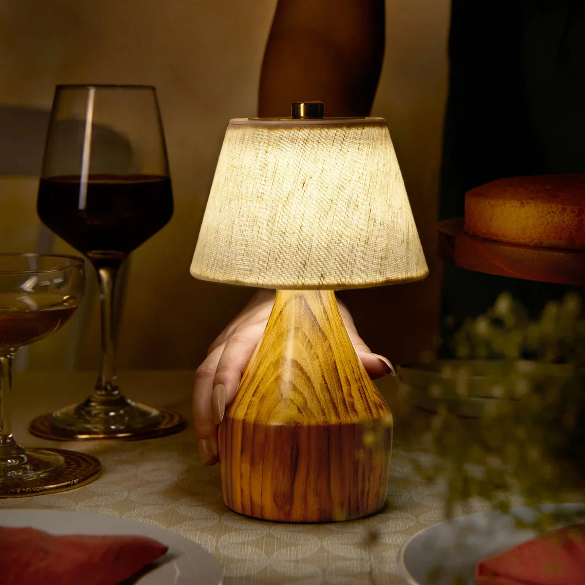 Reverie Luxurious Teak Wood Table Lamp for Living Room | Cordless Rechargeable LED Lamp with Cotton Shade