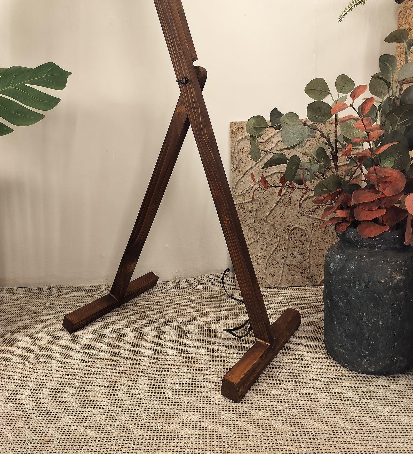 Benji Wooden Floor Lamp with Brown Base and Beige Fabric Lampshade