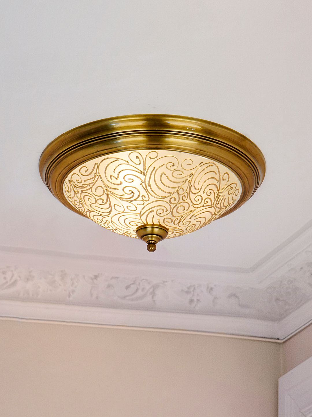 Antique Brass Flush Ceiling Light with
  Hand-Painted Frosted Glass