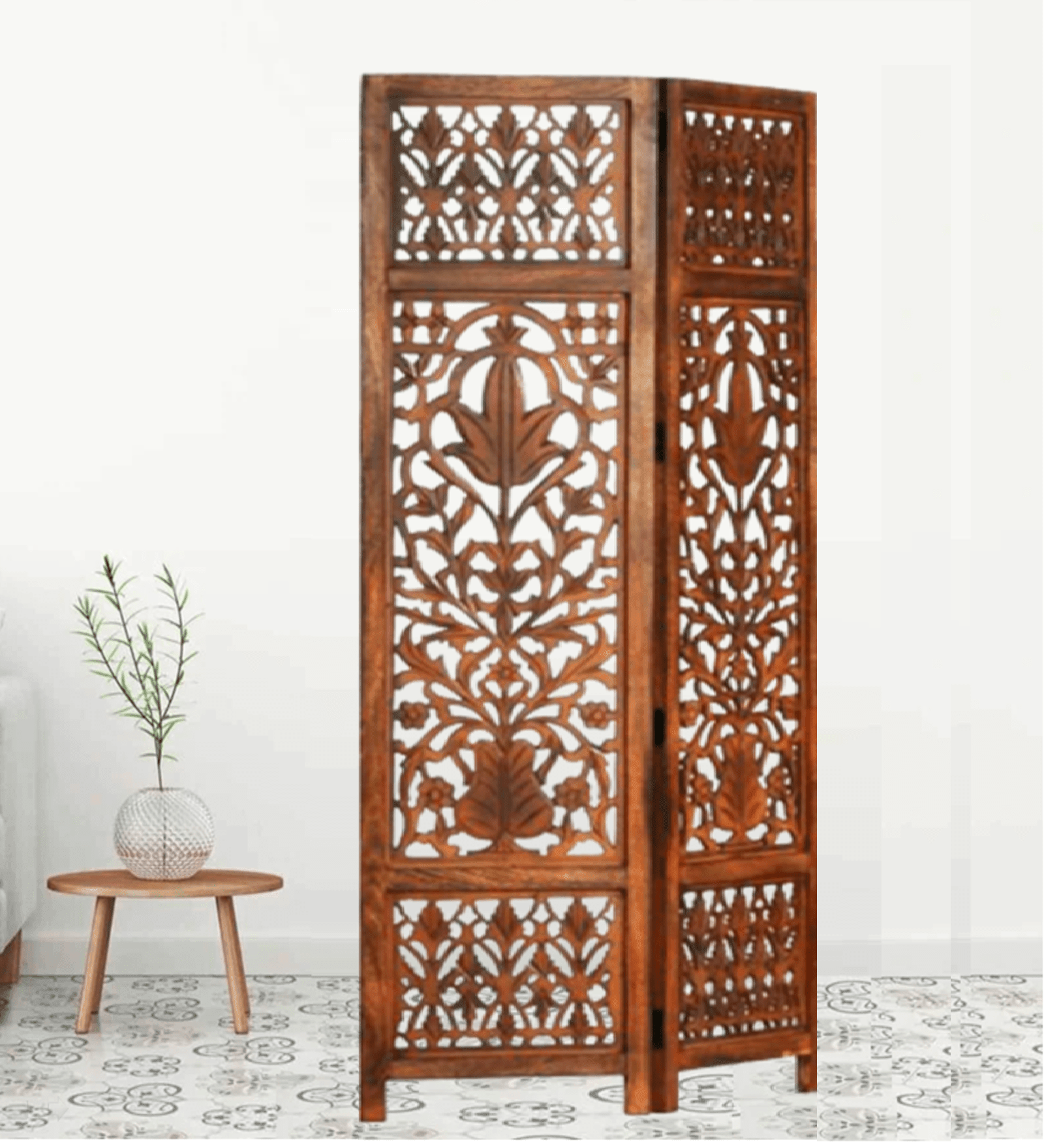 Hand Carved Mango Wood Folding Partition with MDF Jali