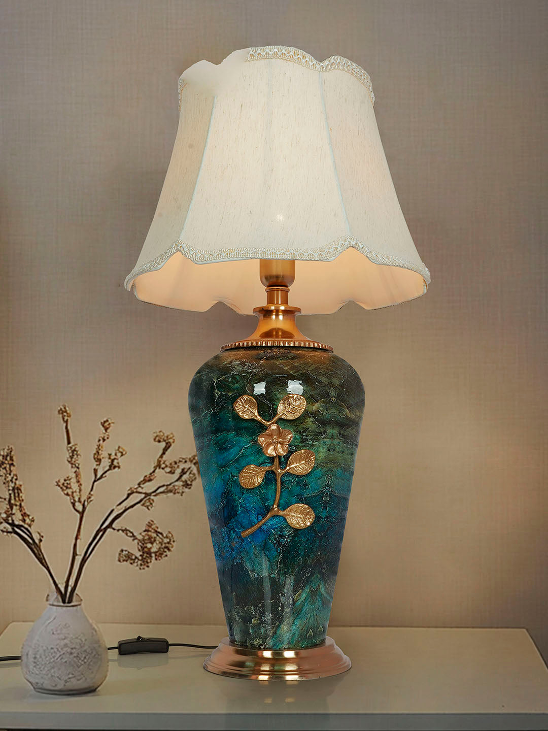 Green Marble Effect Table Lamp with Scalloped Shade